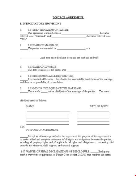 divorce agreement | agreements for parties and child custody template