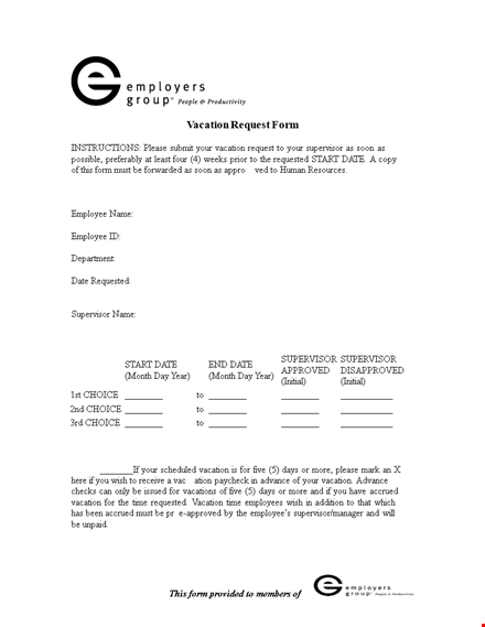 submit employee vacation request form to supervisor template