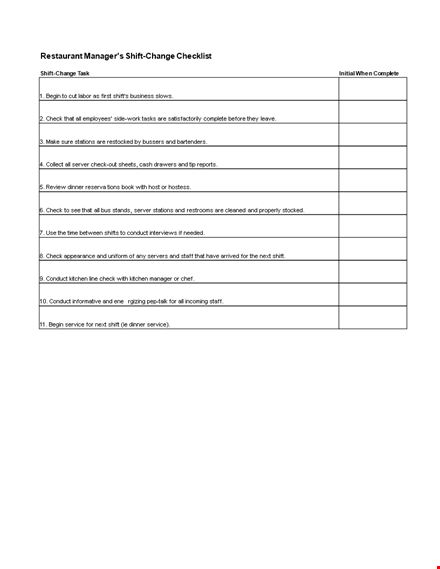 restaurant manager shift change checklist - streamline your shift change process template