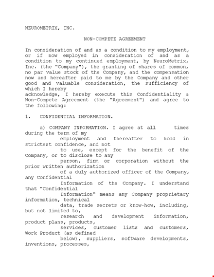 employment non compete agreement template for company information template