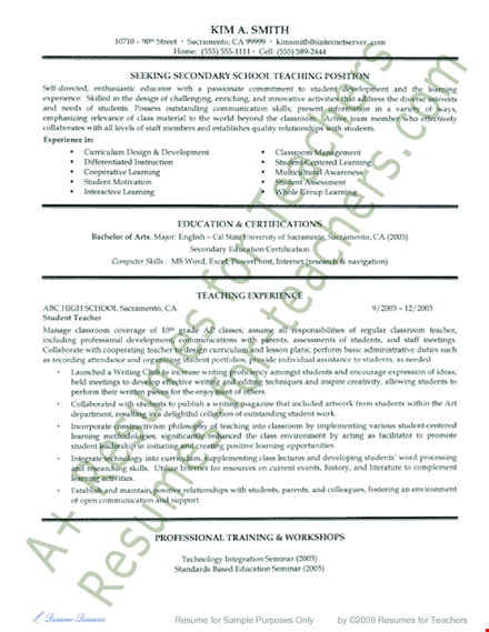 school teacher resume pdf template