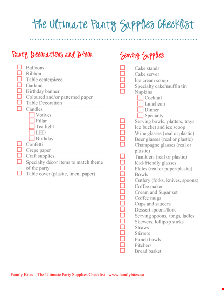 party supplies checklist template template