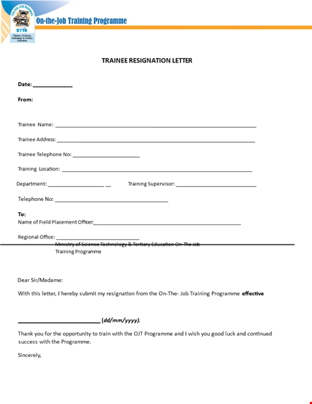 resignation letter for formal trainee programme template