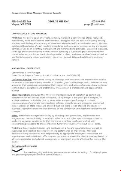 convenience store manager resume template