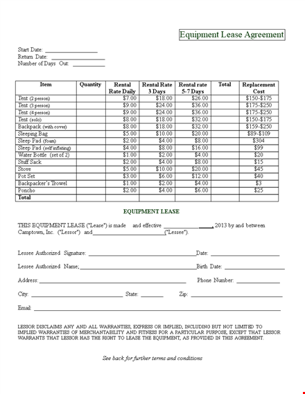 equipment lease agreement - return your equipment | camptown template