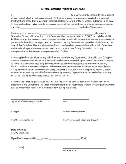 medical consent form for caregiver template