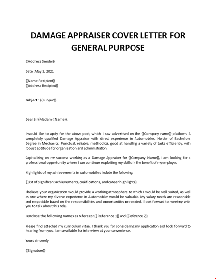 damage appraiser cover letter  template