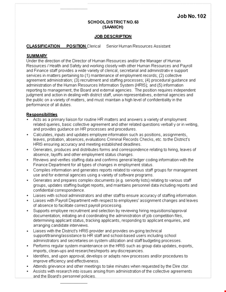 senior human resources assistant job description - staff information, resources, and knowledge template