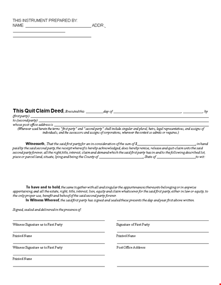printable quit claim deed template for party signatures template