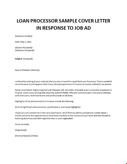loan processor sample cover letter template