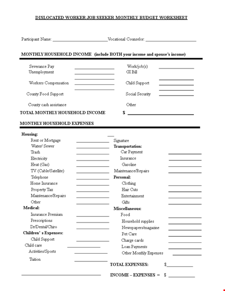 monthly budget worksheet for dislocated workers: track expenses, income, and household budget template