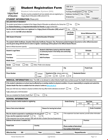 student registration form template template