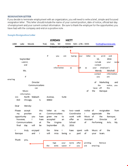 sample resignation letter template