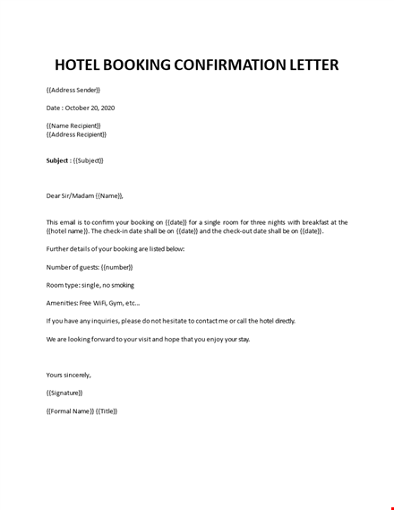 hotel booking confirmation letter template