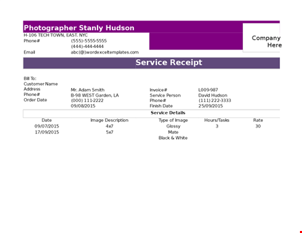 professional photographer receipt template | easy-to-use service invoice template