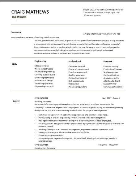 civil engineer example cv template