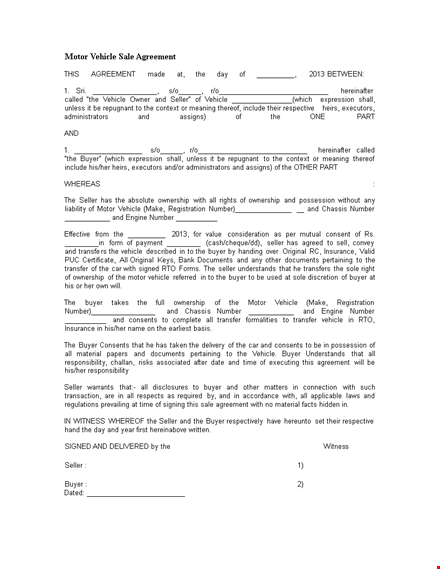 motorvehicle sales agreement template template