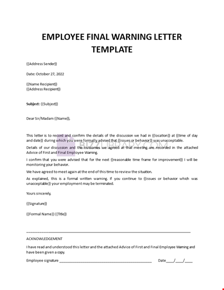employee final warning letter template template