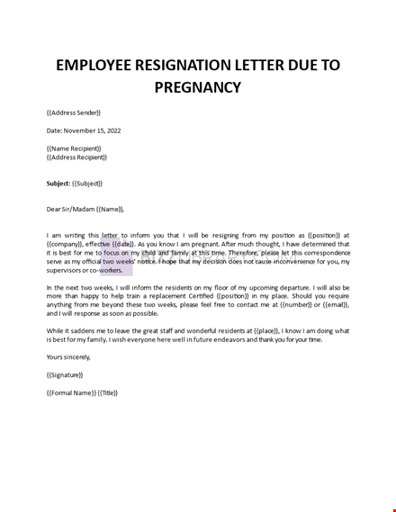 employee resignation letter due to pregnancy template