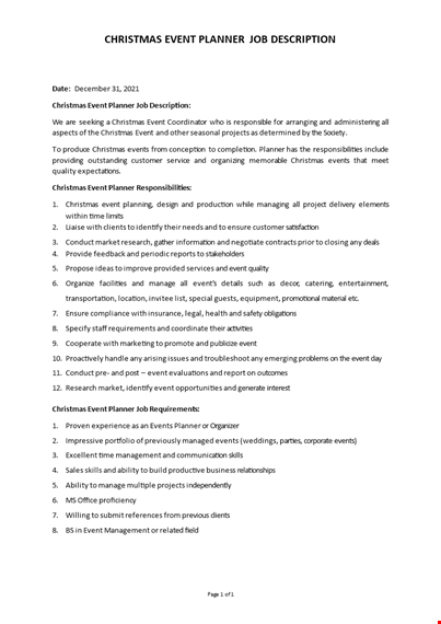 christmas event planner job description template