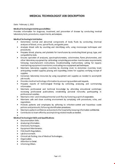 medical technologist job description template