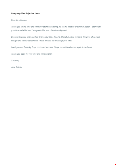 company offer rejection letter example template