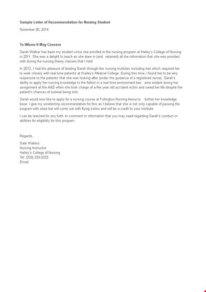 letter of recommendation for nursing student template