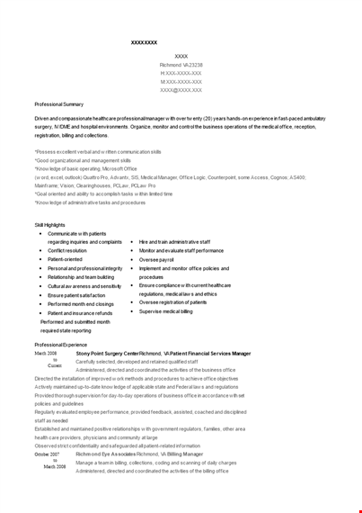 patient financial services manager resume example template