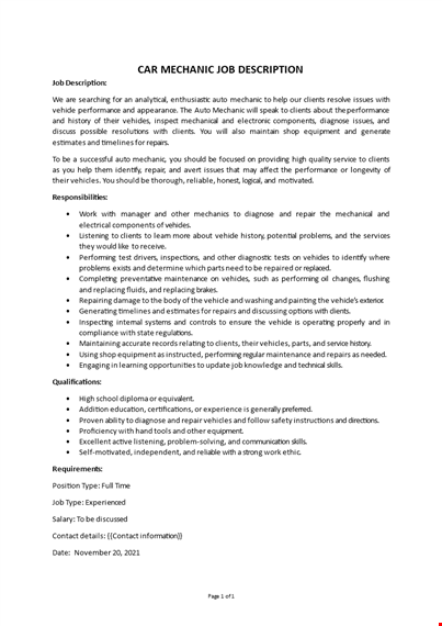 car mechanic job description template