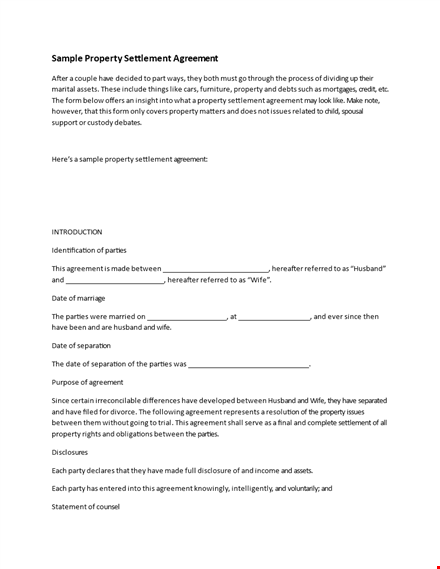 property and asset settlement agreement between husband and wife template