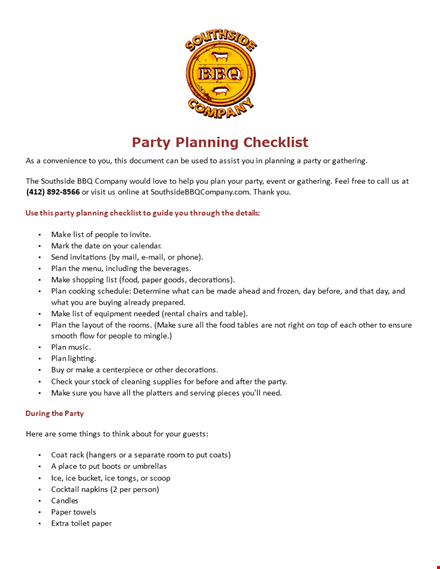 printable party planning checklist template template