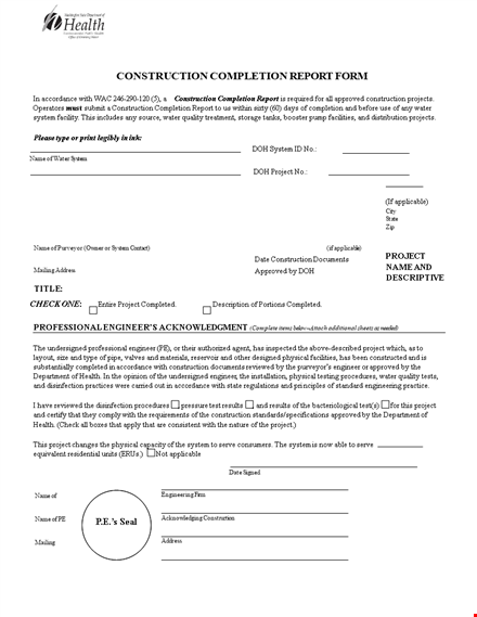 construction project completion report template