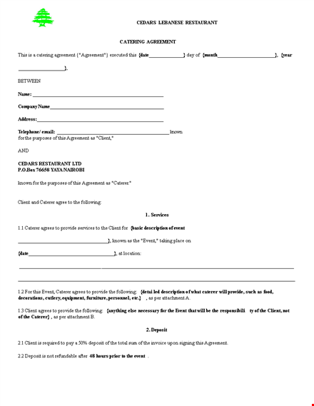 restaurant catering agreement template - event client agreement | provide caterer template
