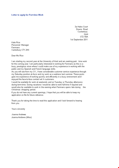 part time work application letter template