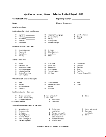 preschool behavior incident report template