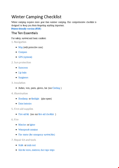 winter camping checklist template
