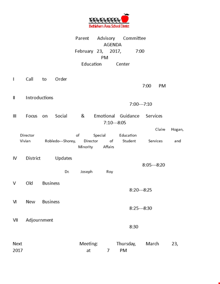 parent advisory committee agenda: education, business, director, services template