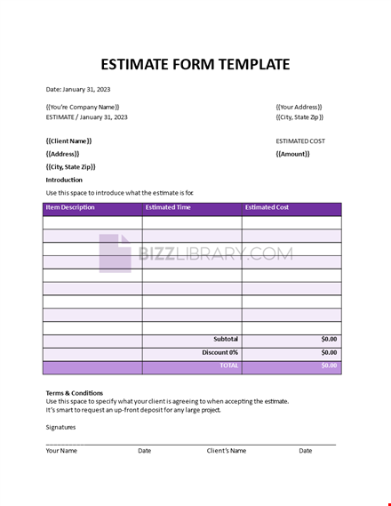 estimate sample form template template