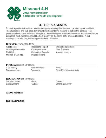 club meeting agenda sample template template
