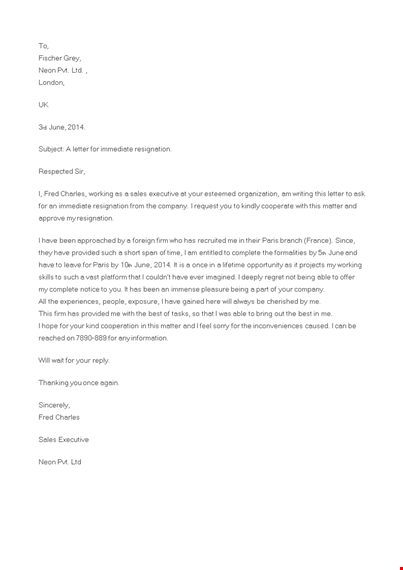 sales executive immediate resignation letter template