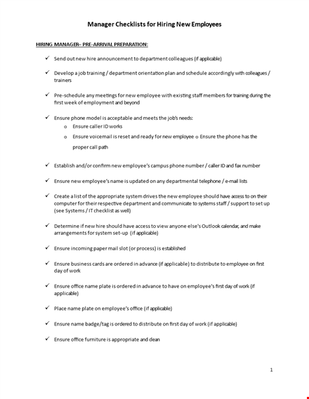 employee manager checklist template - ensure applicable department tasks template
