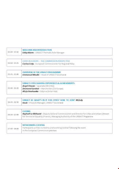 agenda for launch event: manager, commission, cities | urbact europe template