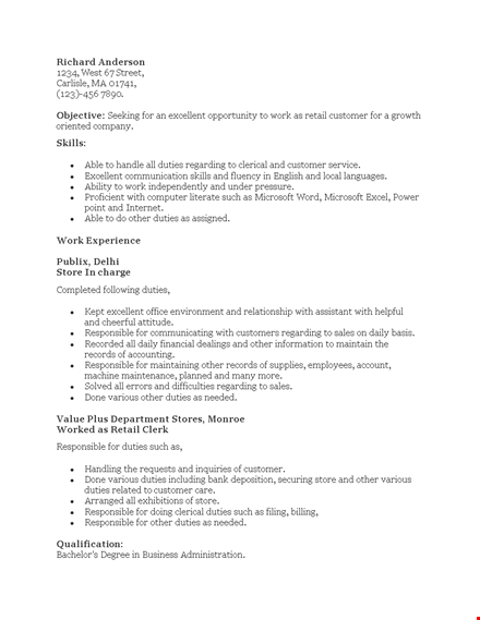 retail customer service sales resume template