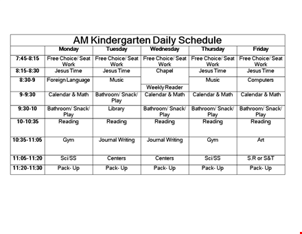 kindergarten daily schedule template word template
