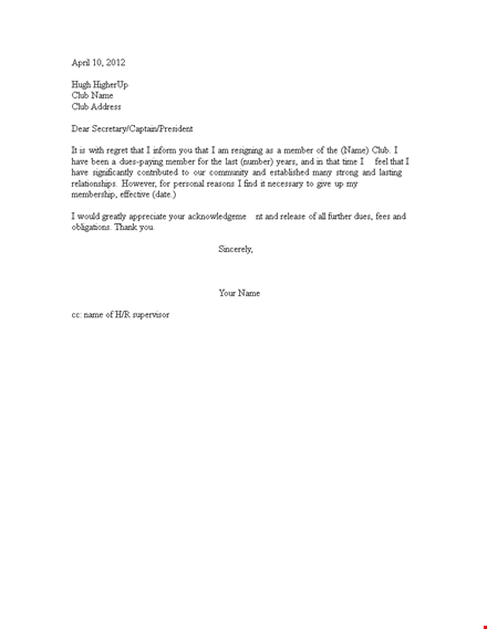 golf club membership resignation letter template