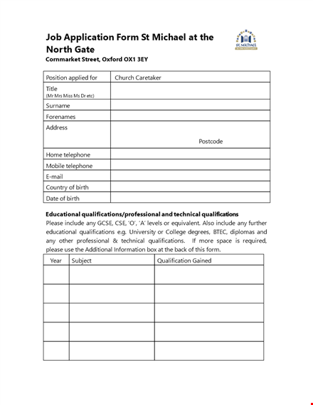 church caretaker job application form template