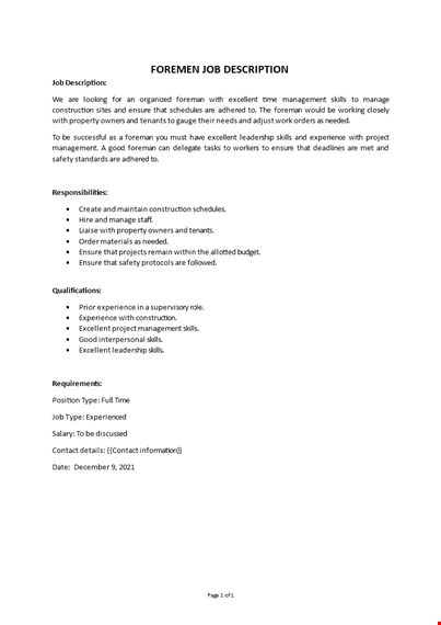 foreman job description template