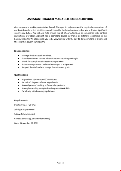 assistant branch manager job description template