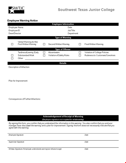 employee warning notice - ensure compliance with signature and written employee warning template