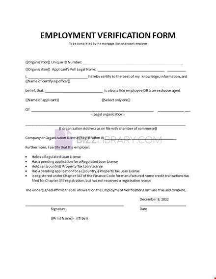 employment verification form for mortgage template
